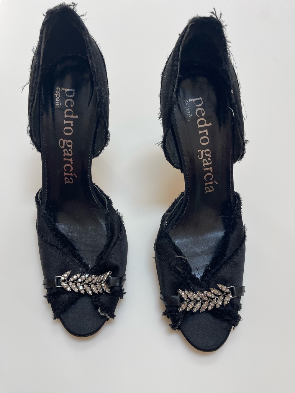 Pedro Garcia Black Open-Toe Heels with Crystal Leaf Accent